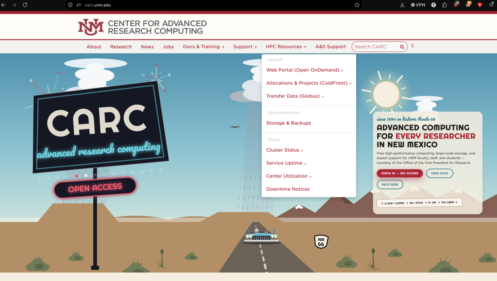 CARC homepage HPC Resources menu with the Transfer Data (Globus) link