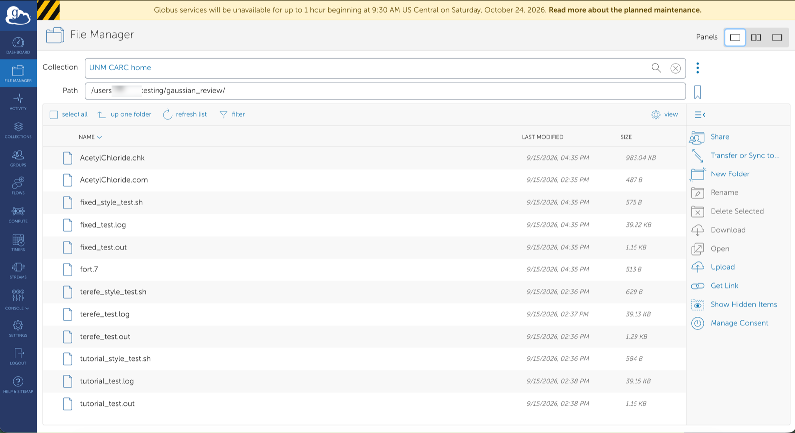 File Manager listing files in the UNM CARC home collection