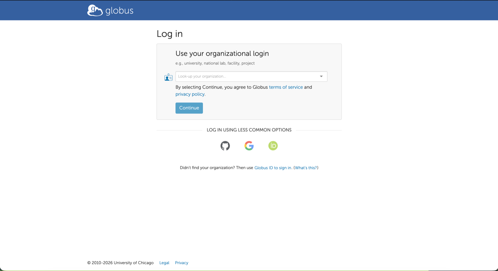 Globus login page with the organizational login search box