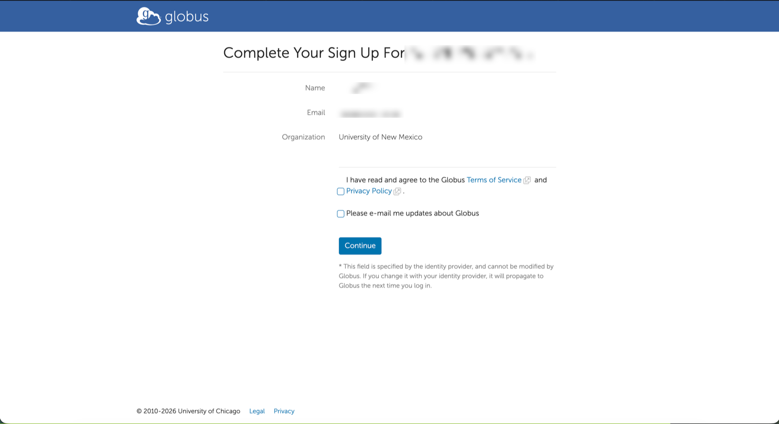 Globus sign-up page with the Terms of Service checkbox