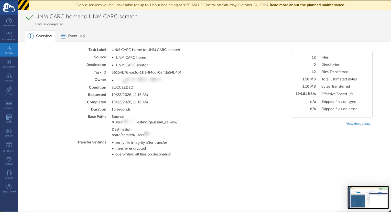 Activity page for a completed transfer